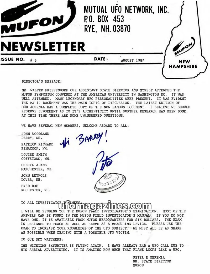 Cover of MUTUAL UFO NETWORK, INC. issue #6: MUFON NEWSLETTER