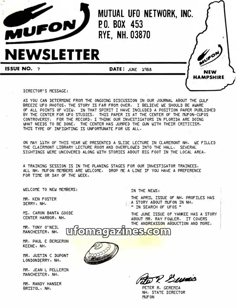 Cover of MUTUAL UFO NETWORK, INC. issue 7: MUFON NEWSLETTER
