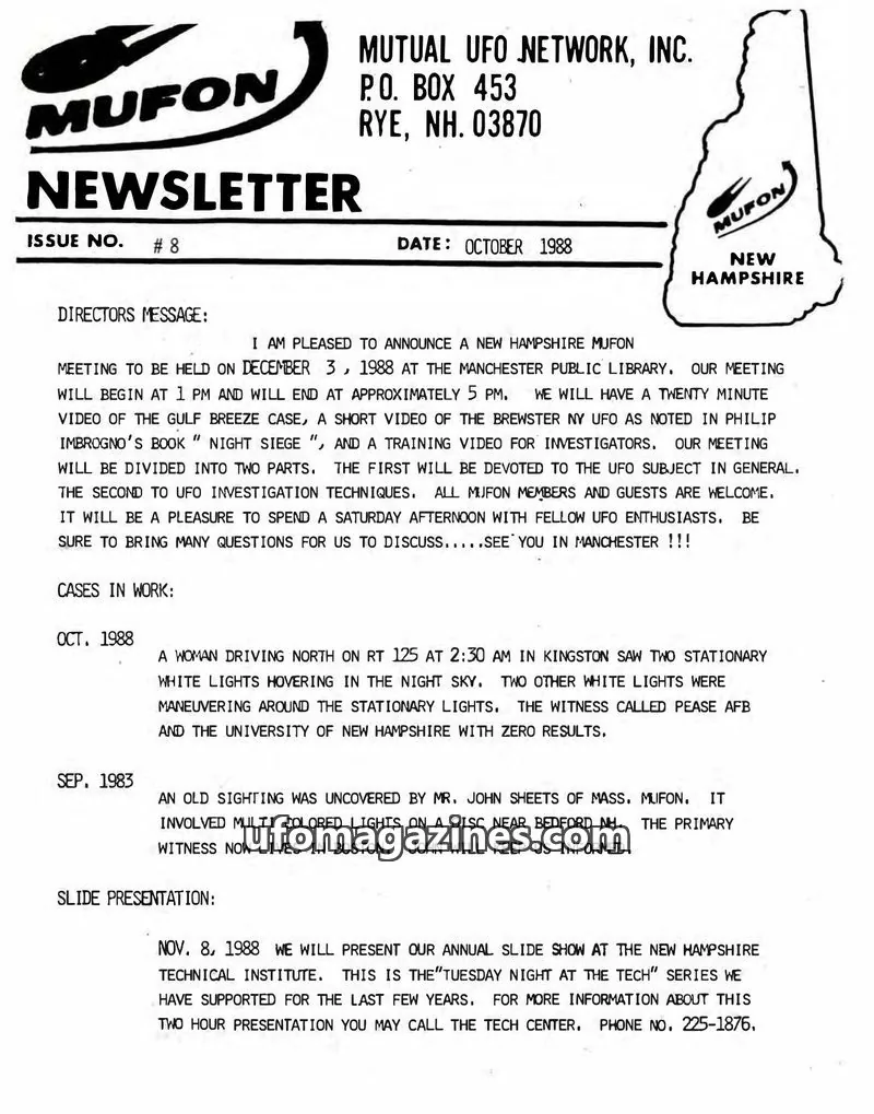 Cover of MUTUAL UFO NETWORK, INC. issue 8: MUFON NEWSLETTER
