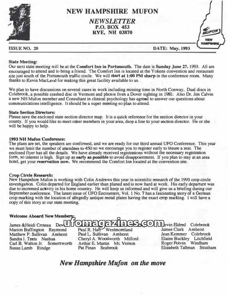 Cover of MUFON New Hampshire newsletter issue 20: NEW HAMPSHIRE MUFON NEWSLETTER