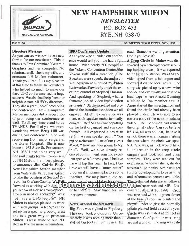 Cover of MUFON New Hampshire newsletter issue 20: NEW HAMPSHIRE MUFON NEWSLETTER