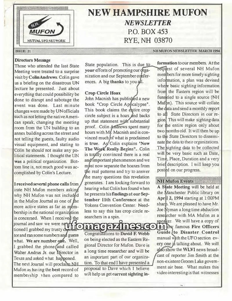 Cover of MUFON New Hampshire newsletter issue 21: NEW HAMPSHIRE MUFON NEWSLETTER