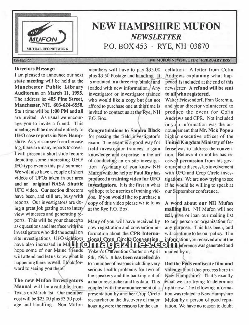 Cover of MUFON New Hampshire newsletter issue 22: NEW HAMPSHIRE MUFON NEWSLETTER