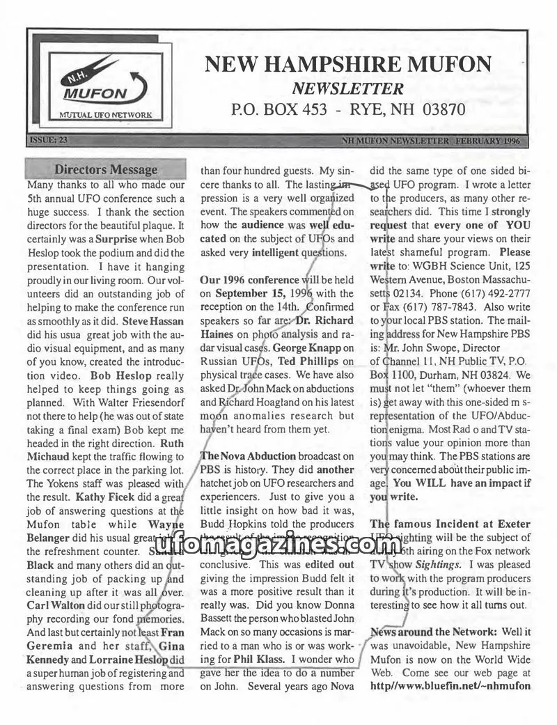 Cover of MUFON New Hampshire newsletter issue 23: NEW HAMPSHIRE MUFON NEWSLETTER
