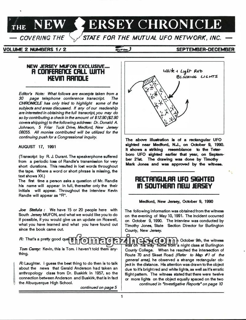 Cover of THE MUTUAL UFO NETWORK, INC. issue VOLUME 2 NUMBERS 1/2: THE NEW JERSEY CHRONICLE