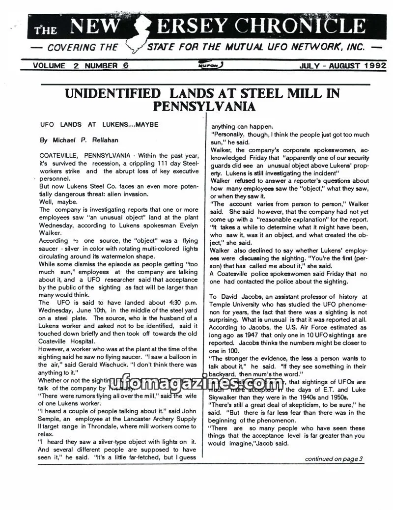 Cover of The New Jersey Mutual UFO Network, Inc. issue 6: The New Jersey Chronicle