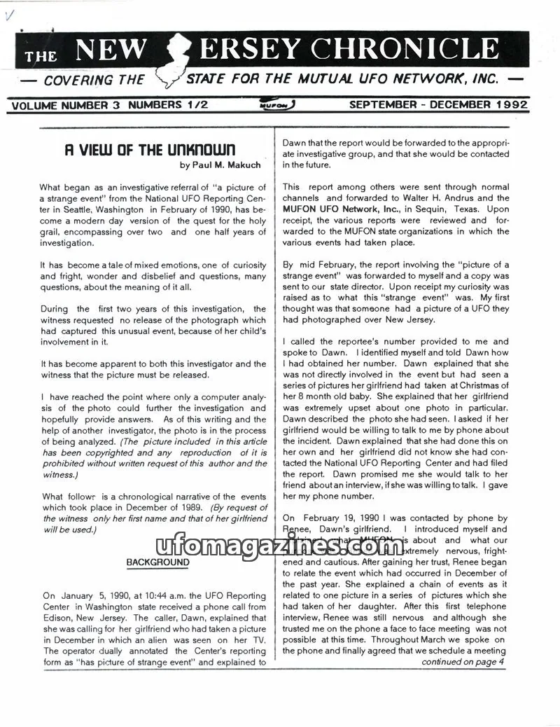 Cover of THE MUTUAL UFO NETWORK, INC. issue 3 NUMBERS 1/2: THE NEW JERSEY CHRONICLE