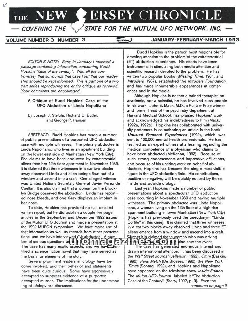 Cover of MUTUAL UFO NETWORK, INC. issue VOLUME NUMBER 3 NUMBER 3: THE NEW JERSEY CHRONICLE