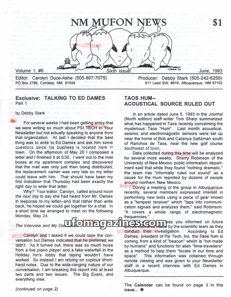 Cover of MUFON New Mexico (NM MUFON News) issue Volume 1, #6: NM MUFON NEWS