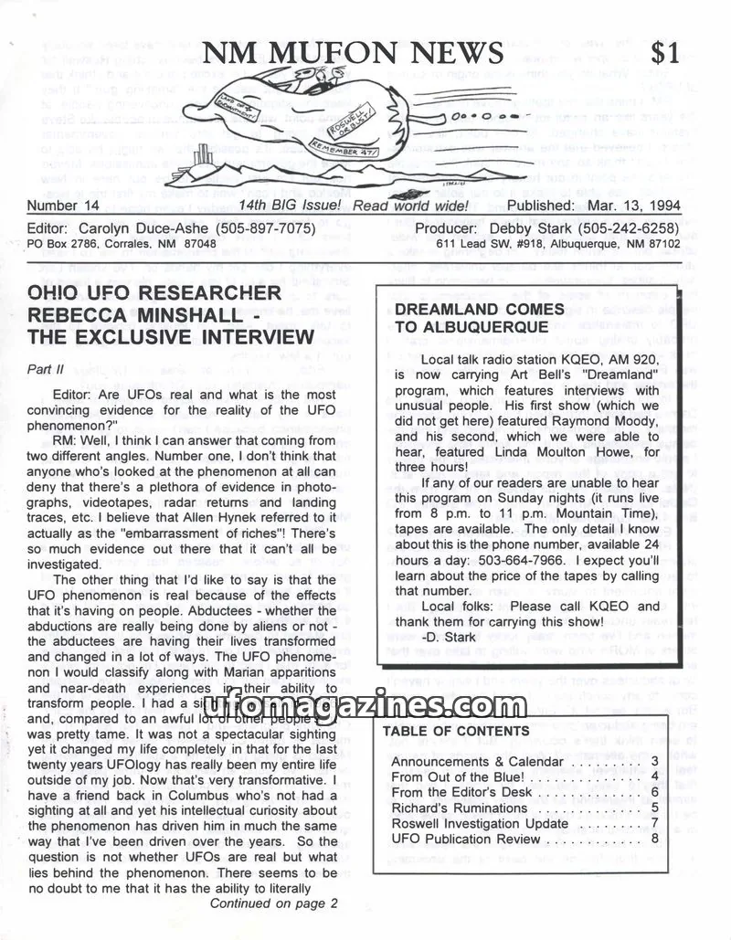 Cover of MUFON New Mexico (NM MUFON News) issue 14: NM MUFON NEWS