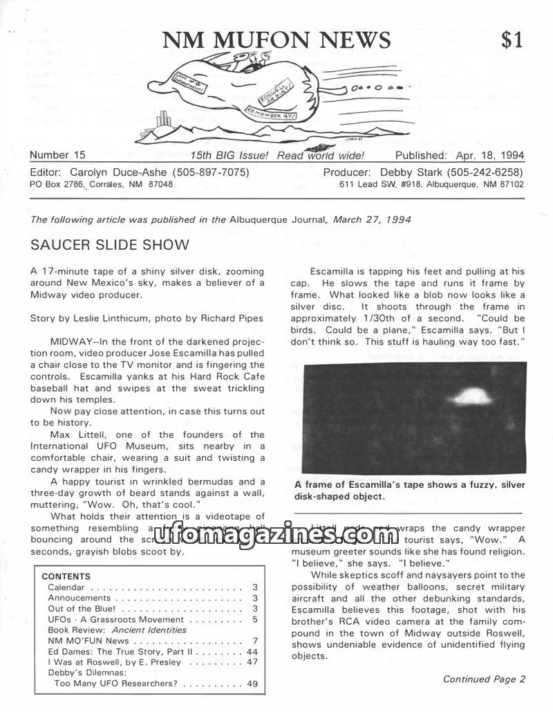 Cover of MUFON New Mexico (NM MUFON News) issue 15: NM MUFON NEWS
