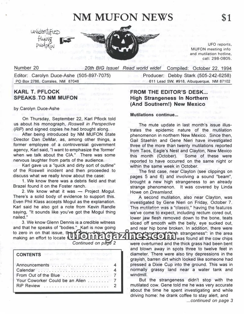 Cover of MUFON New Mexico (NM MUFON News) issue 20: NM MUFON NEWS