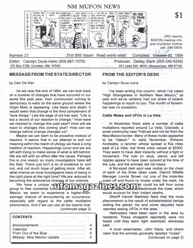 Cover of MUFON New Mexico (NM MUFON News) issue 21: NM MUFON NEWS