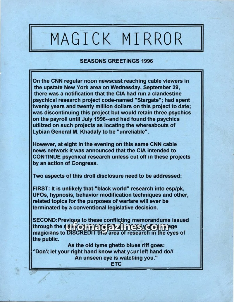 Cover of MUFON New York City (Magick Mirror) issue WINTER 1995-96: MAGICK MIRROR