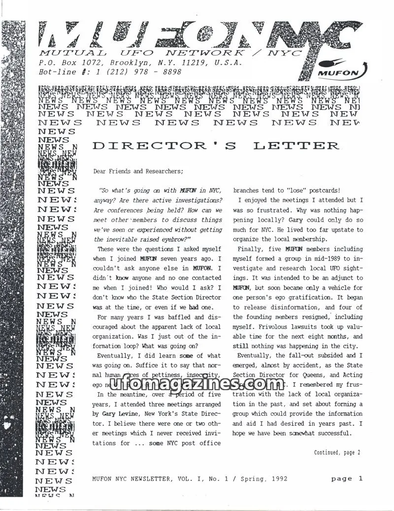 Cover of MUFON New York City (MUFON NYC) issue Vol. I, No. 1: MUFON NYC NEWSLETTER