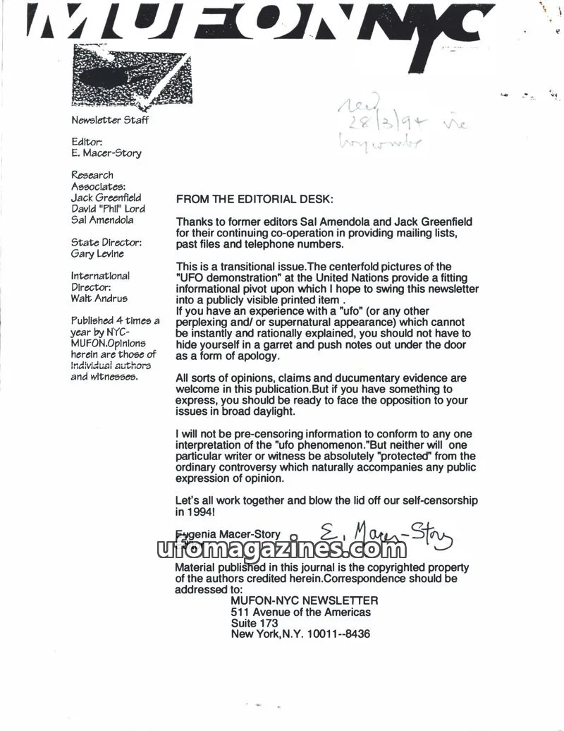 Cover of MUFON New York City (MUFON NYC) issue Vol. II No. 2 Issue 7: MUFON-NYC NEWSLETTER