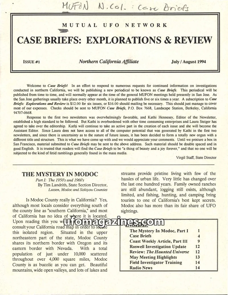 Cover of MUTUAL UFO NETWORK, INC. issue #1: CASE BRIEFS: EXPLORATIONS & REVIEW