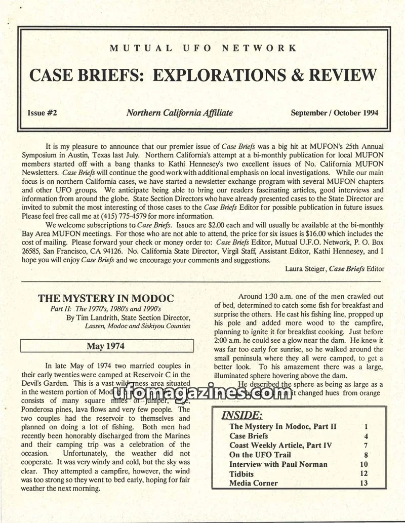 Cover of Mutual UFO Network, Inc. Northern California Affiliate issue #2: CASE BRIEFS: EXPLORATIONS & REVIEW
