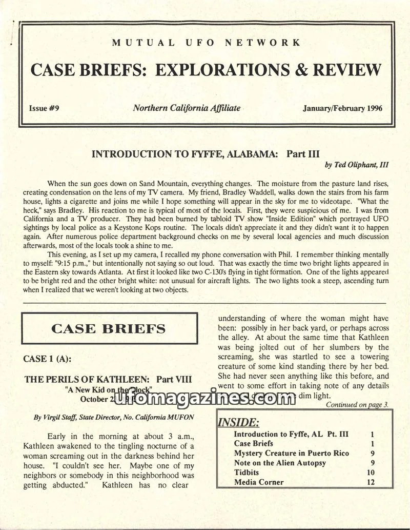 Cover of MUTUAL UFO NETWORK, INC. issue #9: CASE BRIEFS: EXPLORATIONS & REVIEW