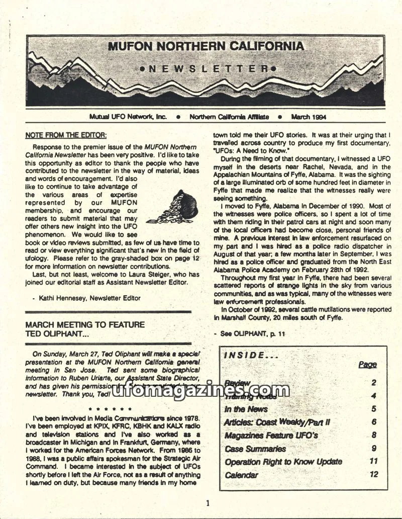 Cover of Mutual UFO Network, Inc. Northern California Affiliate issue March 1994: MUFON NORTHERN CALIFORNIA NEWSLETTER