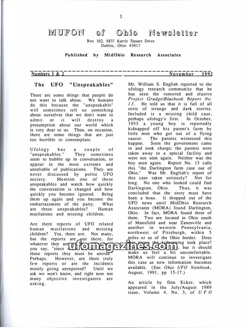 Cover of MUFON Ohio (Newsletter) issue 1 & 2: MUFON of Ohio Newsletter