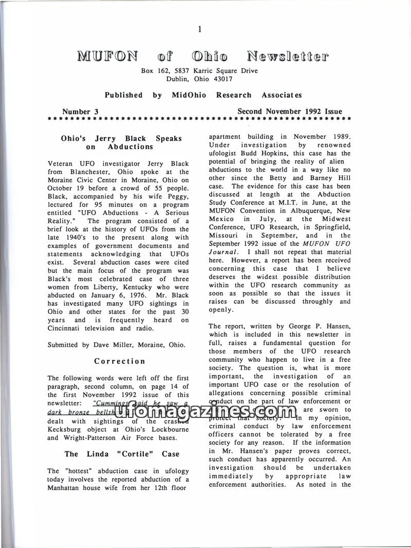 Cover of MUFON Ohio (Newsletter) issue 3: MUFON of Ohio Newsletter