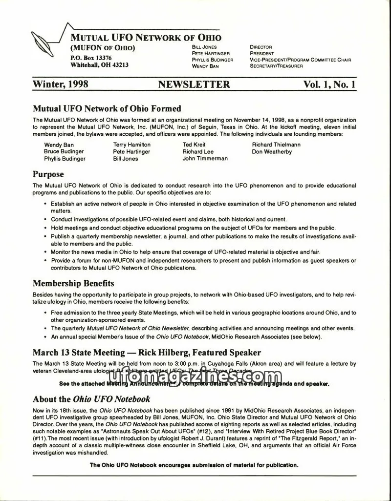 Cover of Mutual UFO Network of Ohio issue Vol. 1, No. 1: MUTUAL UFO NETWORK OF OHIO NEWSLETTER
