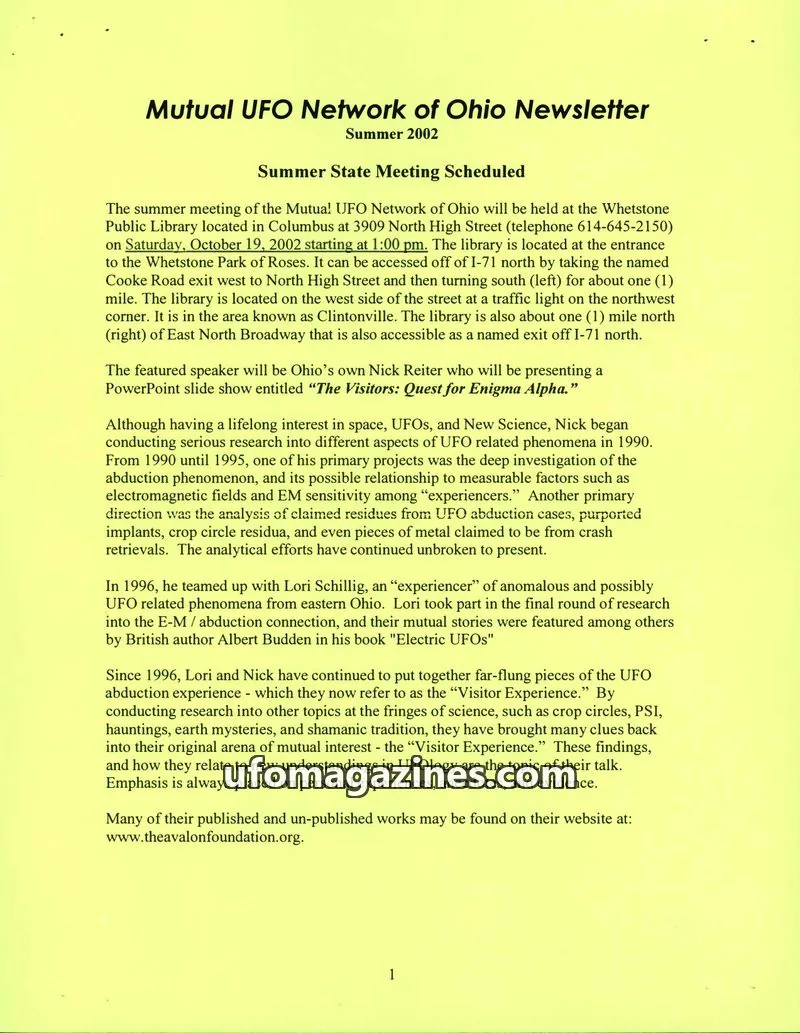 Cover of Mutual UFO Network of Ohio issue Summer 2002: Mutual UFO Network of Ohio Newsletter