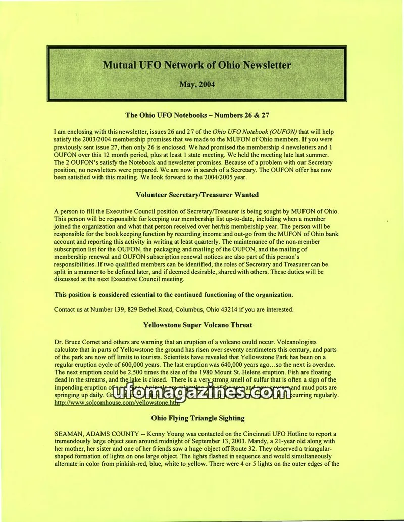 Cover of Mutual UFO Network of Ohio issue Numbers 26 & 27: Mutual UFO Network of Ohio Newsletter