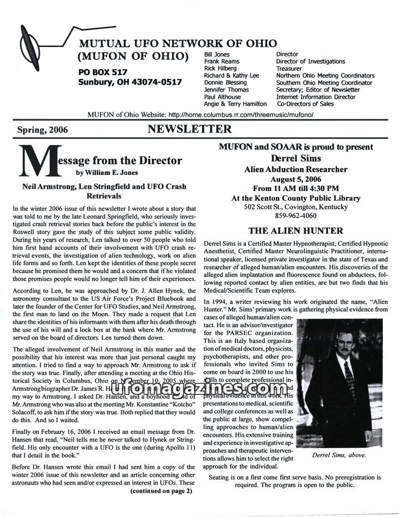 Cover of MUFON Ohio (Newsletter) issue Spring, 2006: MUFON OF OHIO NEWSLETTER