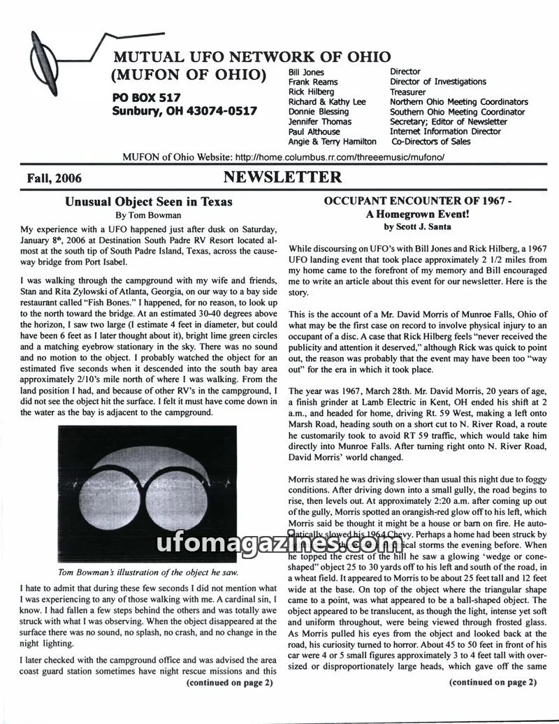 Cover of MUFON Ohio (Newsletter) issue Fall 2006: MUFON OF OHIO NEWSLETTER