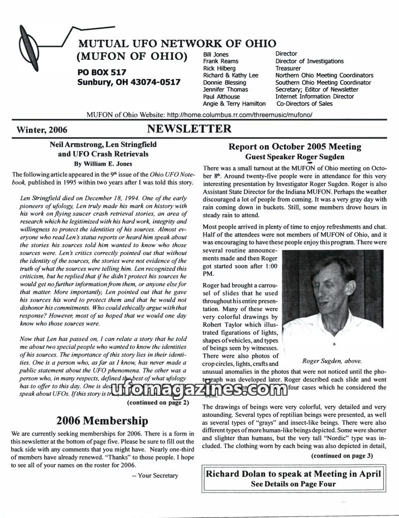Cover of MUFON Ohio (Newsletter) issue Winter 2006: MUFON OF OHIO NEWSLETTER