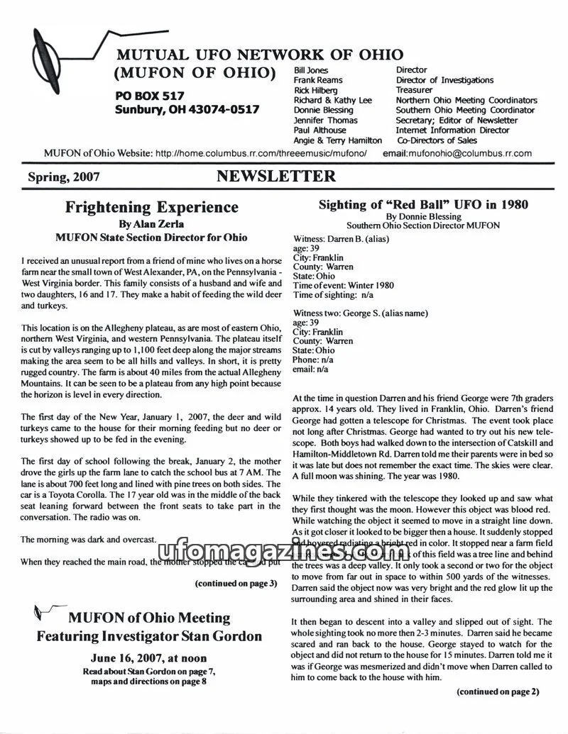 Cover of MUFON Ohio (Newsletter) issue Spring, 2007: MUFON OF OHIO NEWSLETTER