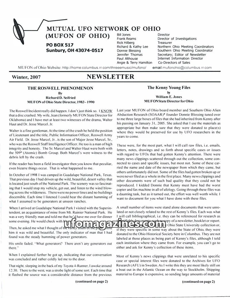 Cover of MUFON Ohio (Newsletter) issue Winter, 2007: MUFON OF OHIO NEWSLETTER