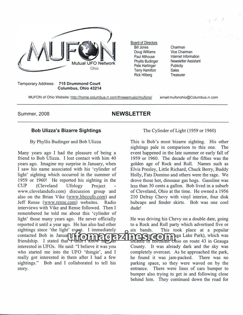 Cover of MUFON Ohio (Newsletter) issue Summer, 2008: MUFON of Ohio Newsletter