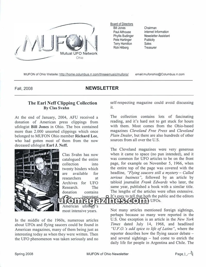 Cover of MUFON Ohio (Newsletter) issue Spring 2008: MUFON of Ohio Newsletter