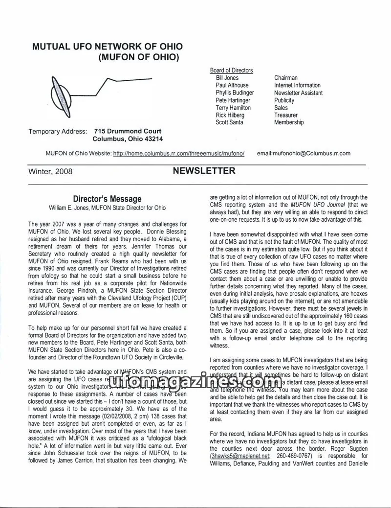 Cover of MUFON Ohio (Newsletter) issue Winter, 2008: MUFON OF OHIO NEWSLETTER