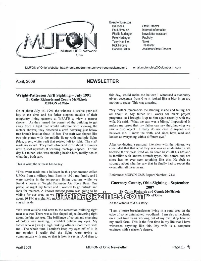 Cover of MUFON Ohio (Newsletter) issue April 2009: MUFON of Ohio Newsletter