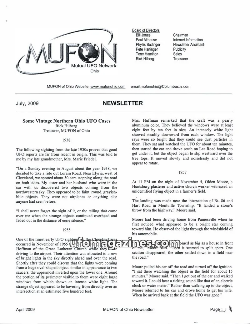 Cover of MUFON Ohio (Newsletter) issue July, 2009: MUFON of Ohio Newsletter