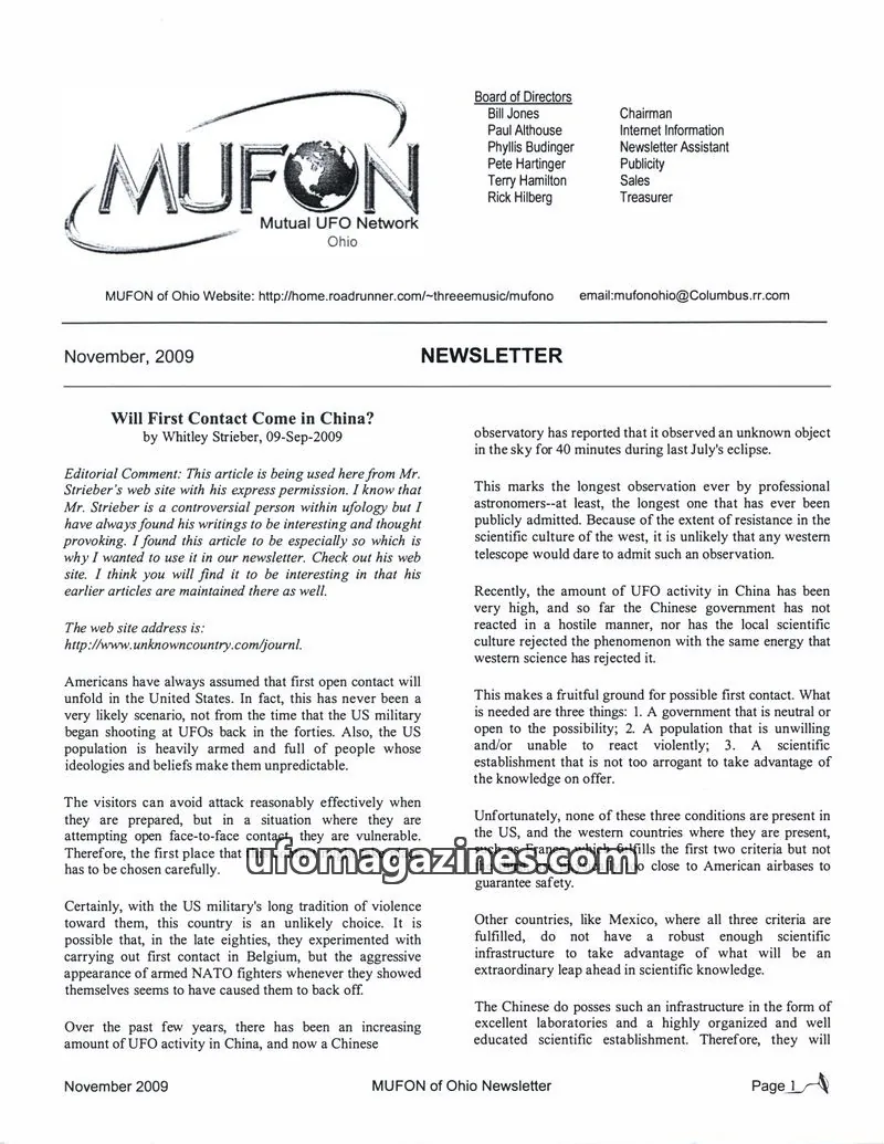 Cover of Mutual UFO Network Ohio issue November, 2009: MUFON of Ohio NEWSLETTER