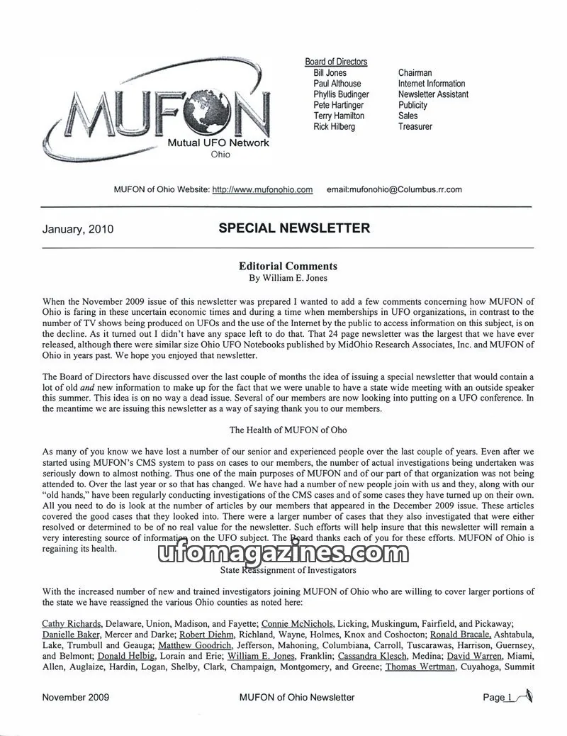 Cover of MUFON Ohio (Newsletter) issue November 2009: MUFON of Ohio Newsletter