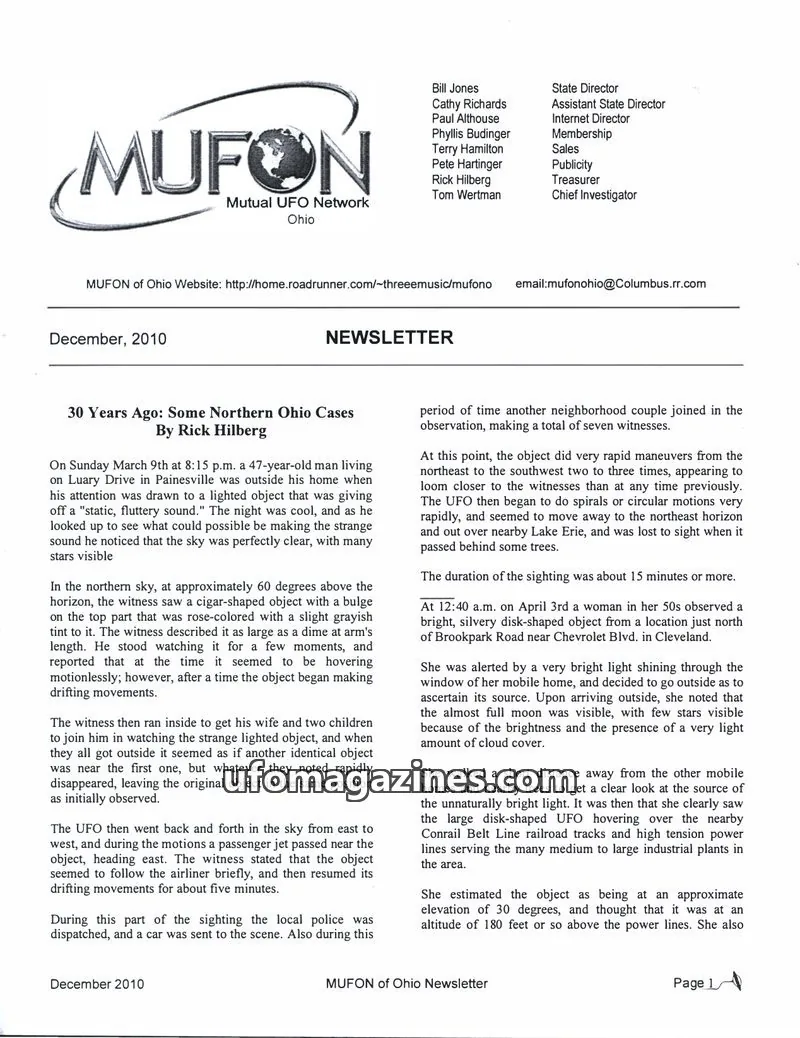 Cover of MUFON Ohio (Newsletter) issue December, 2010: MUFON of Ohio Newsletter