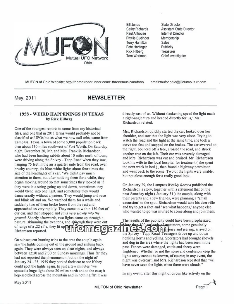 Cover of Mutual UFO Network Ohio issue May, 2011: MUFON of Ohio NEWSLETTER