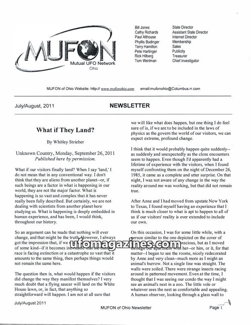 Cover of MUFON Ohio (Newsletter) issue July/August, 2011: MUFON of Ohio NEWSLETTER