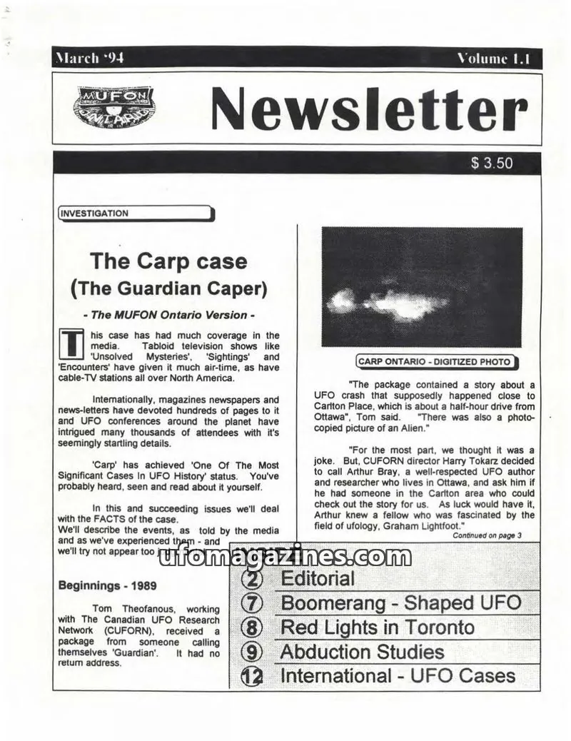 Cover of MUFON Ontario (Newsletter) issue 1.1: MUFON Newsletter
