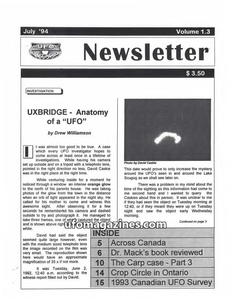 Cover of Mutual UFO Network (MUFON) in ONTARIO issue 1.3: MUFON ONTARIO Newsletter