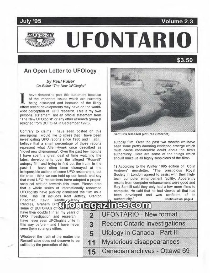 Cover of MUFON Ontario (Newsletter) issue 2.3: UFONTARIO