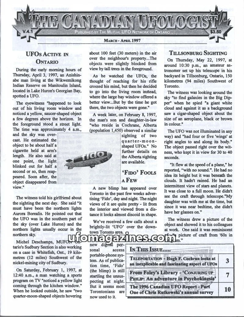 Cover of THE MUTUAL UFO NETWORK OF ONTARIO issue V.4.1: THE CANADIAN UFOLOGIST