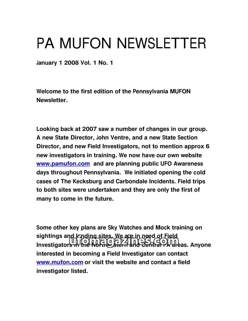 Cover of MUFON issue Vol. 1 No. 1: PA MUFON NEWSLETTER
