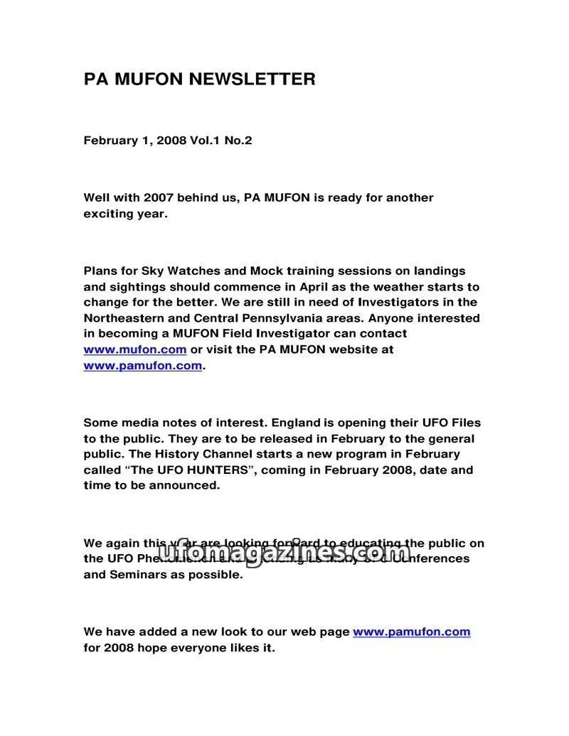 Cover of MUFON Pennsylvania newsletter issue Vol.1 No.2: PA MUFON NEWSLETTER